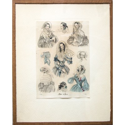 Nakrycia głowy ok. 1840, w stylu Biedermeier. Z cyklu Modes de Paris. Miedzioryt. Francja, 1840.